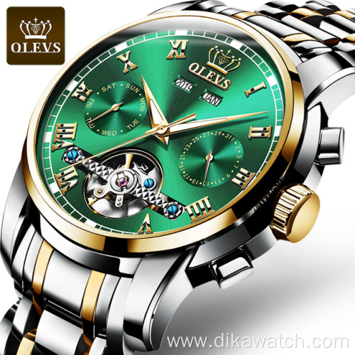 OLEVS 6607 Men Stainless Steel Automatic Mechanical Watches Classic Bracelet Water Resistant With Date Week Green Luxury Watch